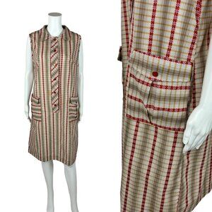 Vintage 60s Striped Shift Women's Large Red Hip Pockets Shirtdress